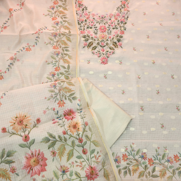 Mahiya Tan Beige Floral Print with French Knot Kota Doriya Suit Set