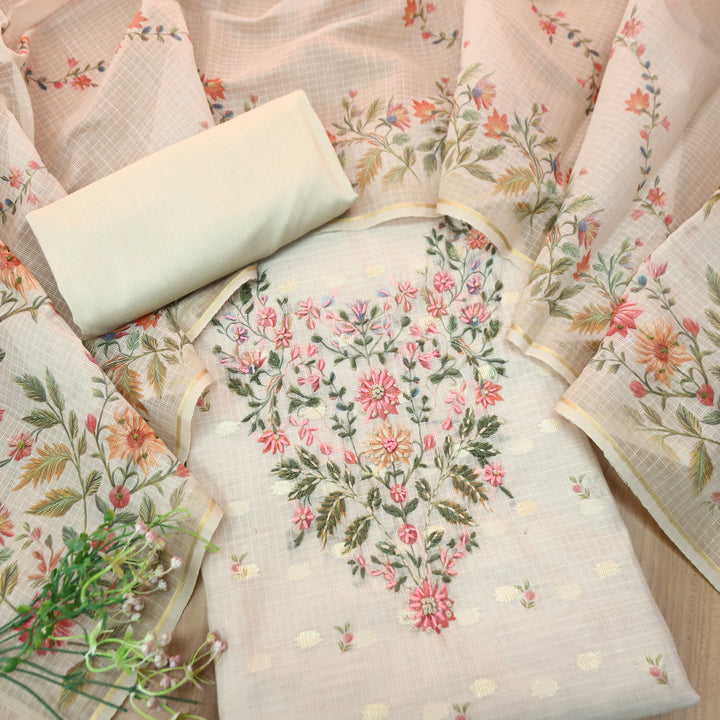 Mahiya Tan Beige Floral Print with French Knot Kota Doriya Suit Set