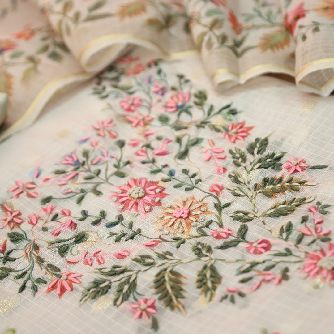 Mahiya Tan Beige Floral Print with French Knot Kota Doriya Suit Set