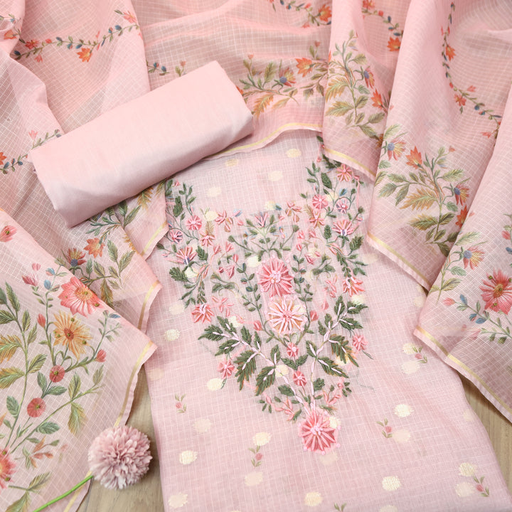 Mahiya Candy Pink Floral Print with French Knot Kota Doriya Suit Set