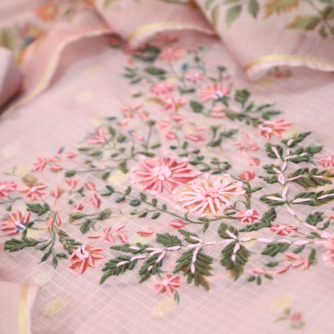 Mahiya Candy Pink Floral Print with French Knot Kota Doriya Suit Set