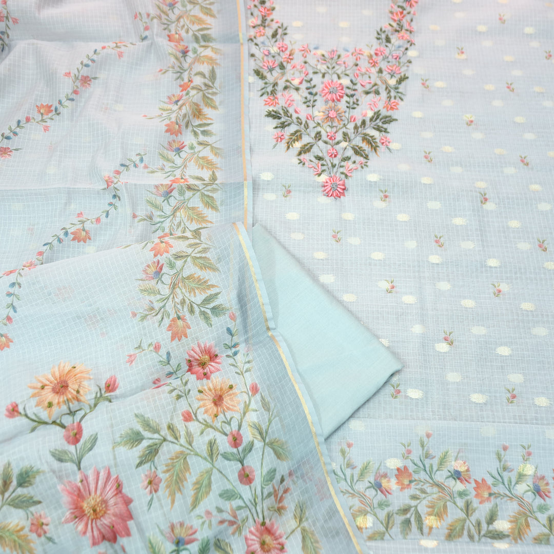 Mahiya Powder Blue Floral Print with French Knot Kota Doriya Suit Set