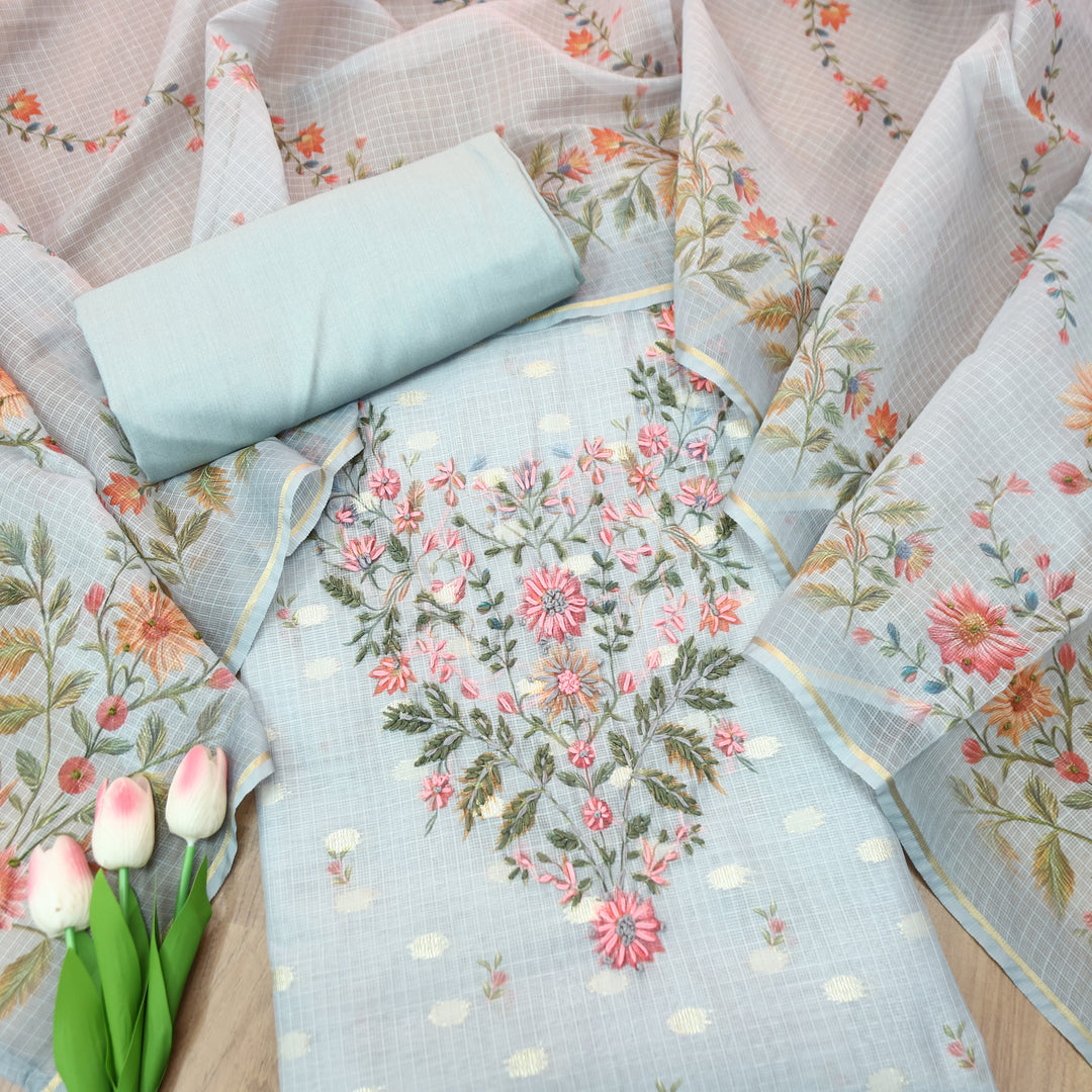 Mahiya Powder Blue Floral Print with French Knot Kota Doriya Suit Set