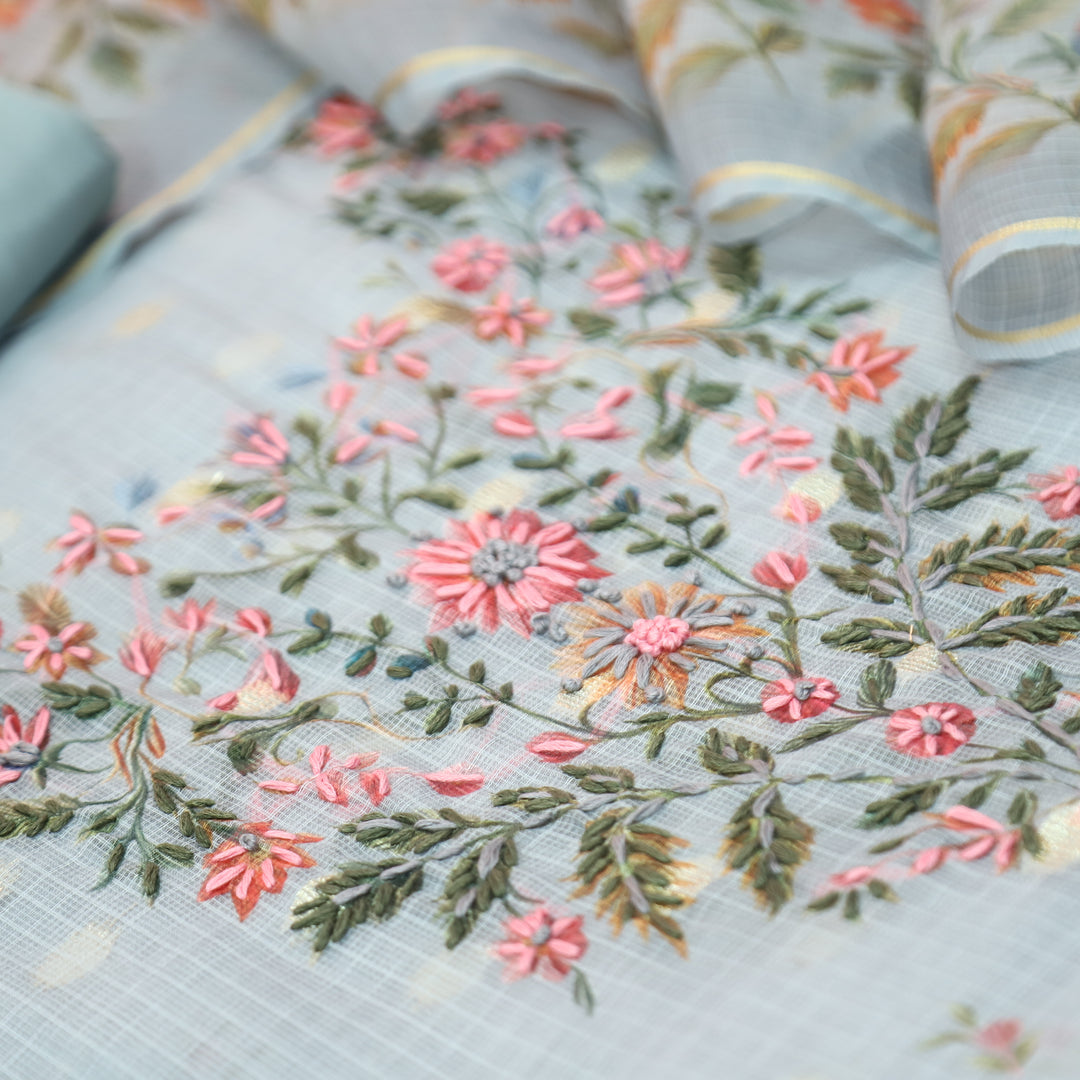 Mahiya Powder Blue Floral Print with French Knot Kota Doriya Suit Set