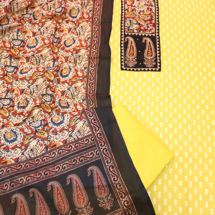 Ada Butter Yellow Kalamkari Yoke with French Knot Printed Jam Cotton Set
