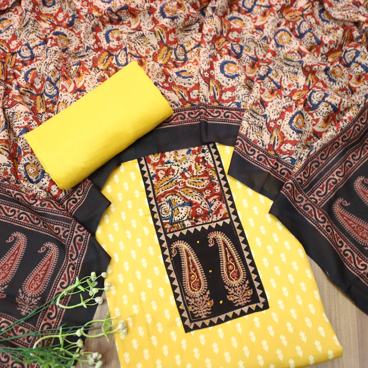 Ada Butter Yellow Kalamkari Yoke with French Knot Printed Jam Cotton Set