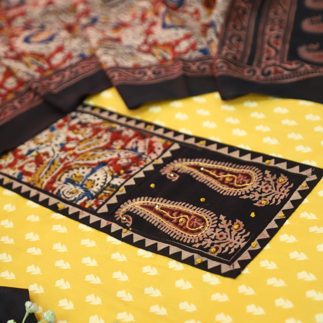 Ada Butter Yellow Kalamkari Yoke with French Knot Printed Jam Cotton Set