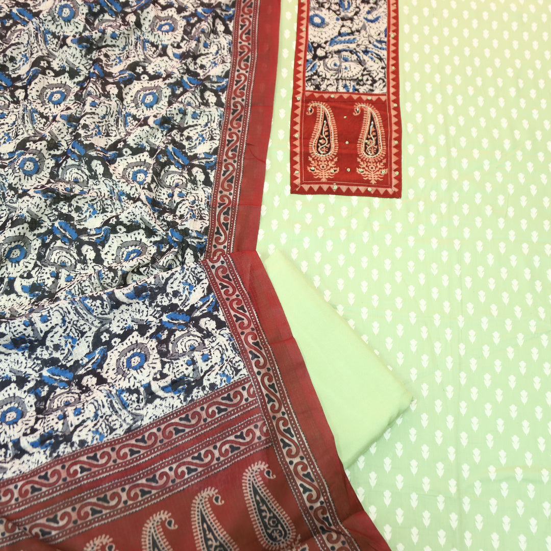 Ada Pista Mint Kalamkari Yoke with French Knot Printed Jam Cotton Set