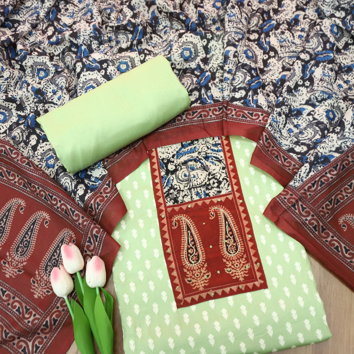 Ada Pista Mint Kalamkari Yoke with French Knot Printed Jam Cotton Set