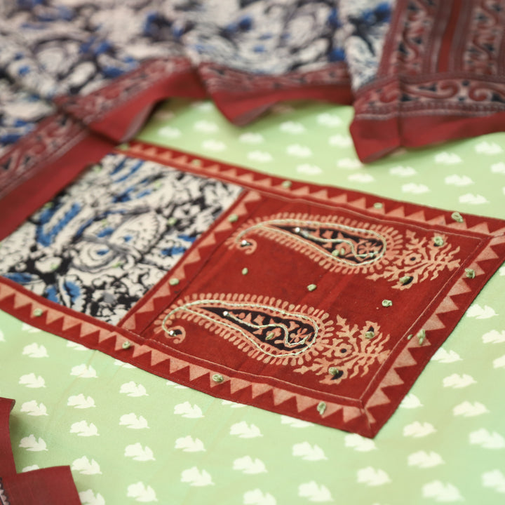 Ada Pista Mint Kalamkari Yoke with French Knot Printed Jam Cotton Set