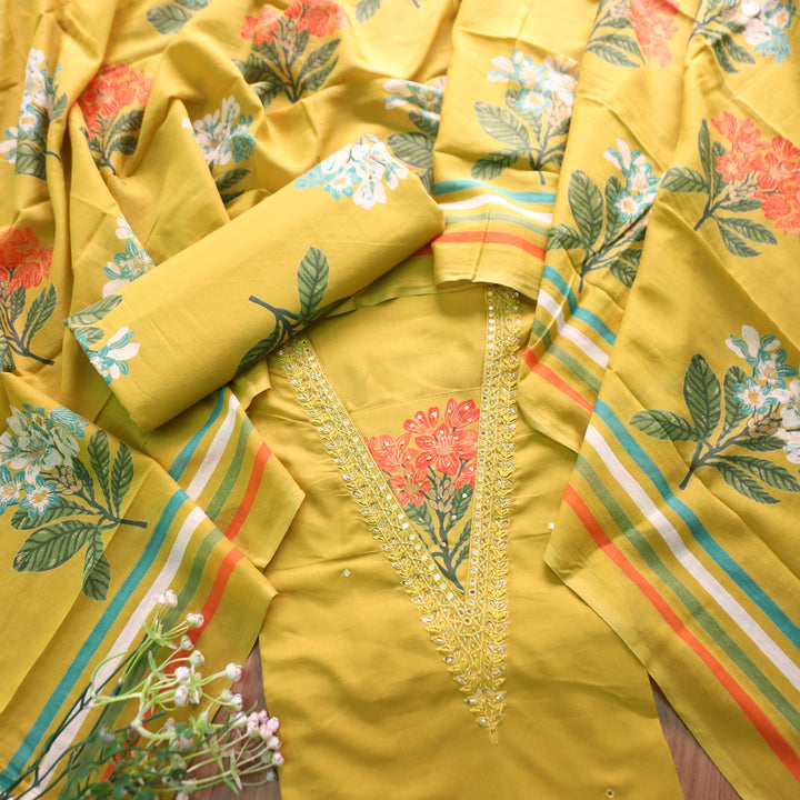Yashvi OlIve Yellow V Embellish Neckline Work with Floral Printed Cotton Suit Set
