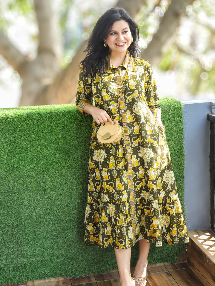 Vacay Series Green Button Down Printed Cotton Dress