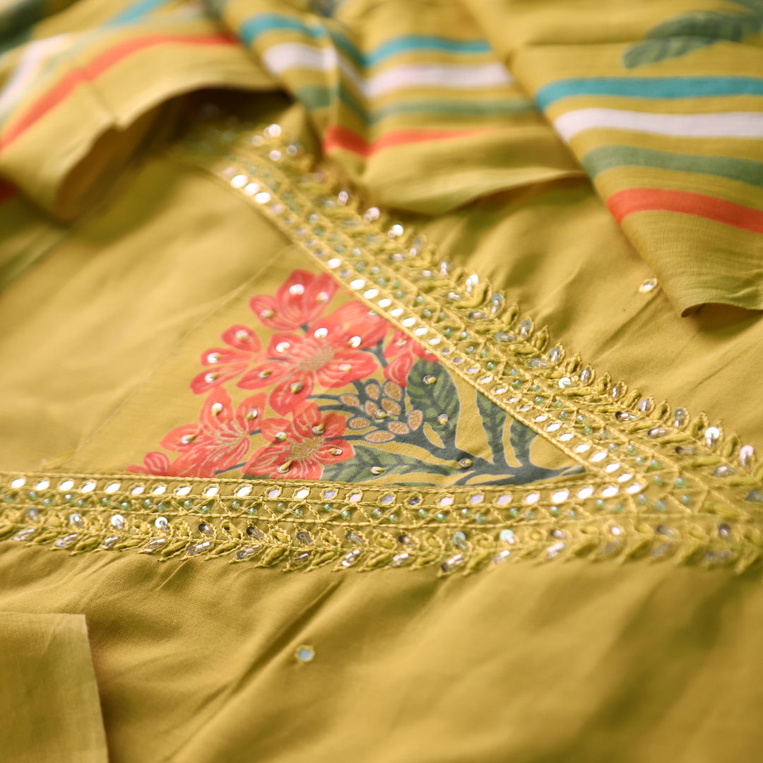 Yashvi OlIve Yellow V Embellish Neckline Work with Floral Printed Cotton Suit Set