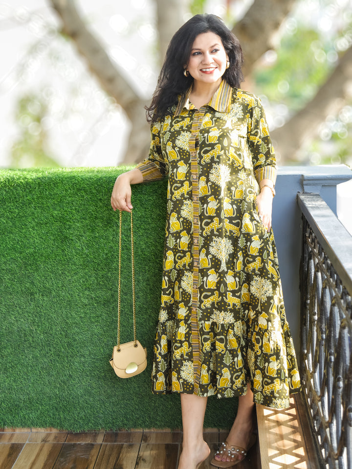 Vacay Series Green Button Down Printed Cotton Dress