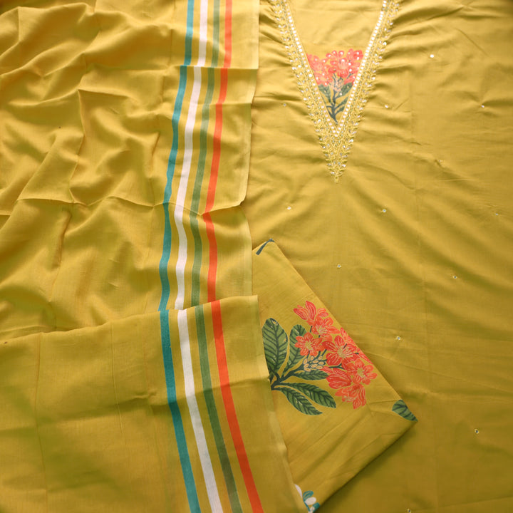 Yashvi OlIve Yellow V Embellish Neckline Work with Floral Printed Cotton Suit Set