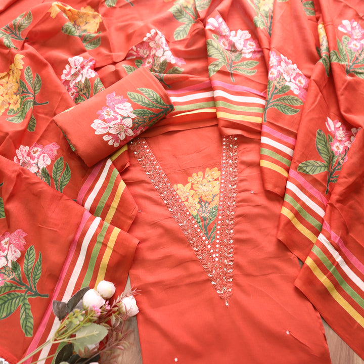 Yashvi Rust Orange V Embellish Neckline Work with Floral Printed Cotton Suit Set