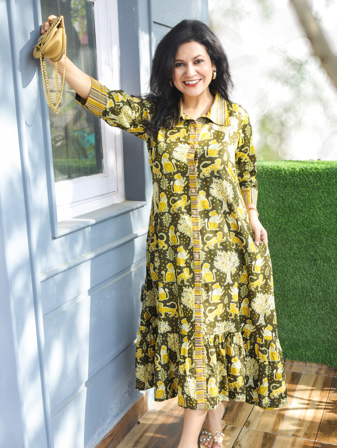 Vacay Series Green Button Down Printed Cotton Dress
