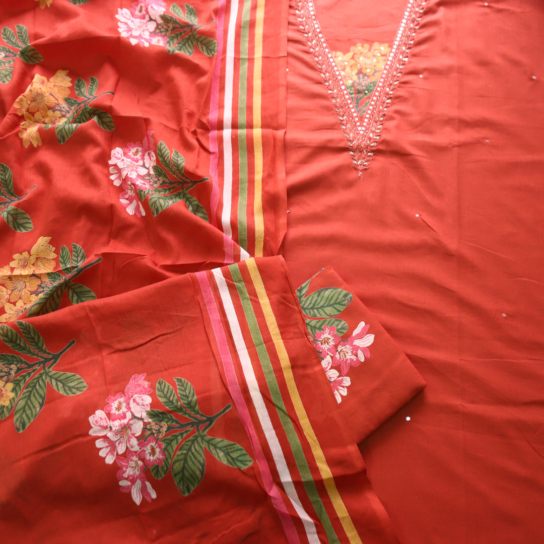 Yashvi Rust Orange V Embellish Neckline Work with Floral Printed Cotton Suit Set