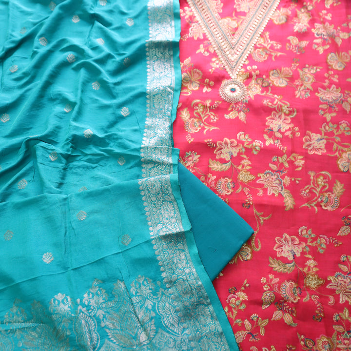 Raahi Lotus Pink V Neck and Embellish with Foil Work in Floral Printed Modal Set