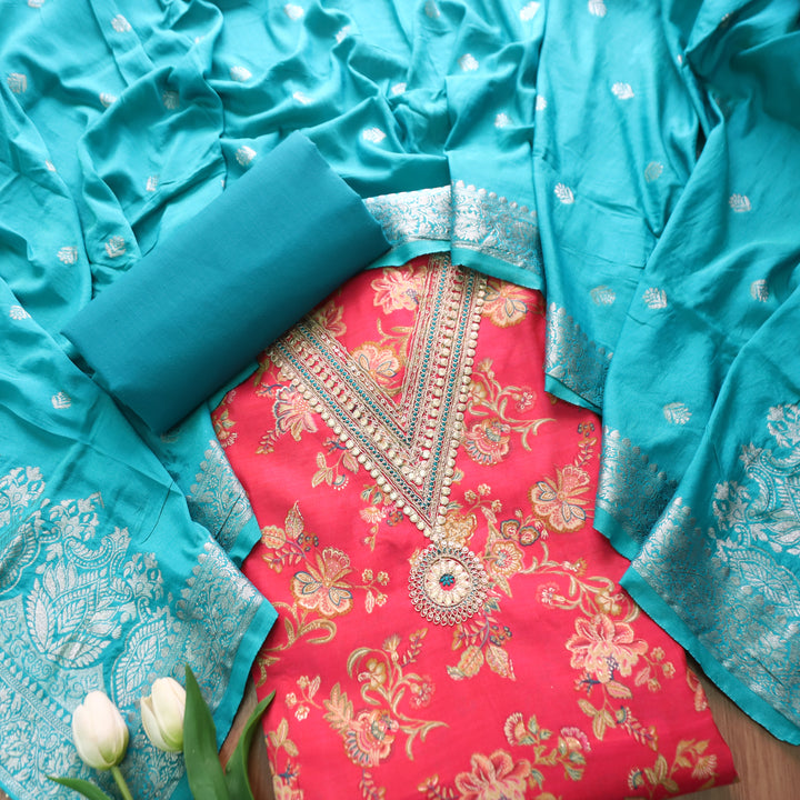 Raahi Lotus Pink V Neck and Embellish with Foil Work in Floral Printed Modal Set