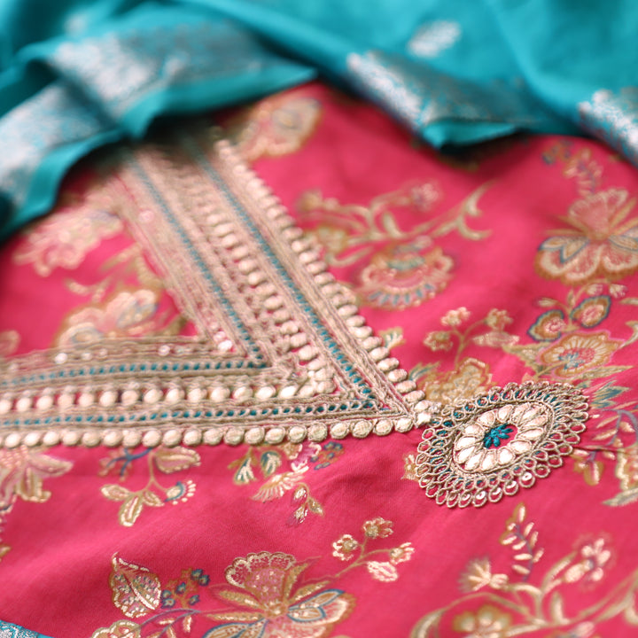 Raahi Lotus Pink V Neck and Embellish with Foil Work in Floral Printed Modal Set