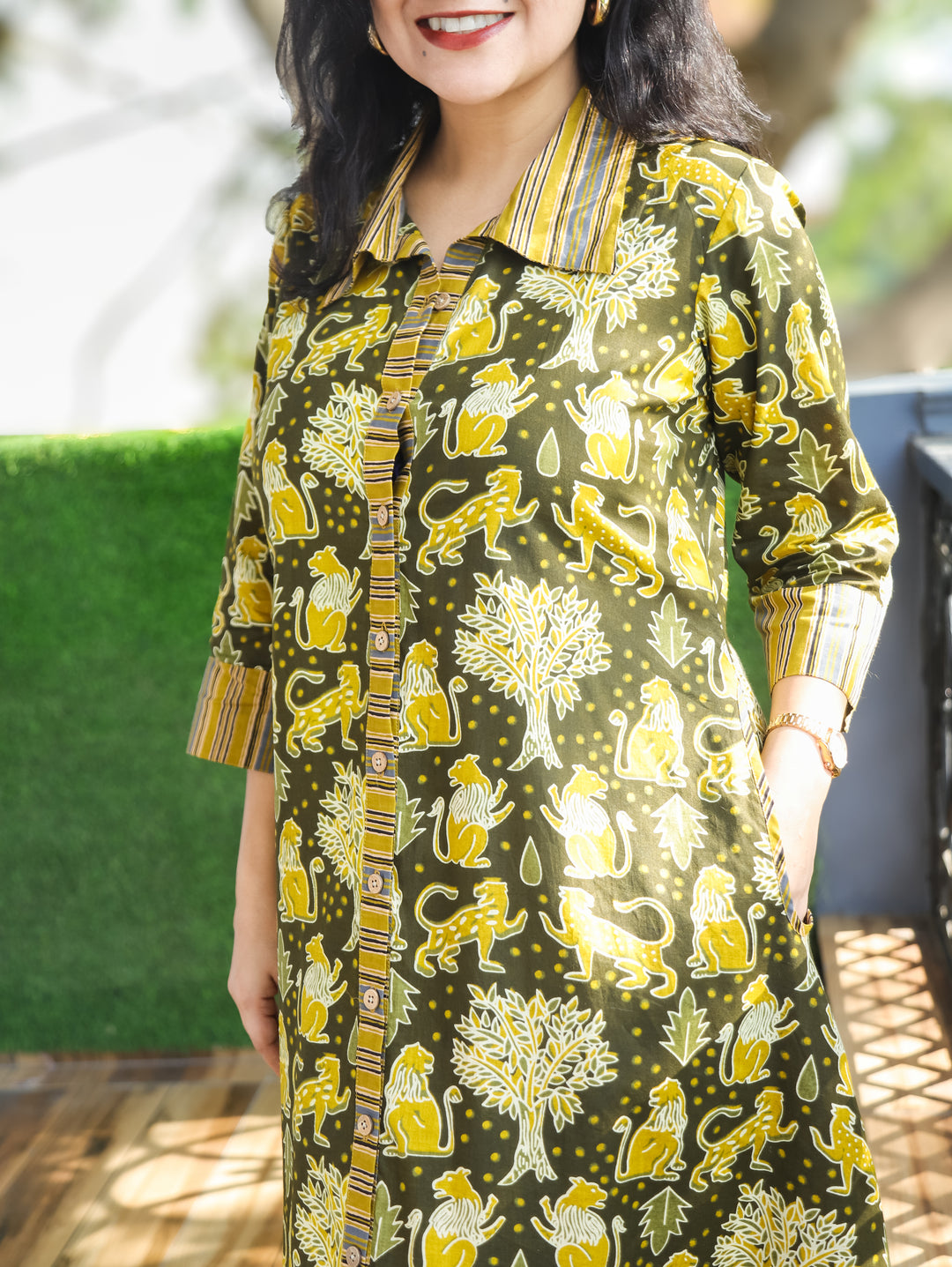 Vacay Series Green Button Down Printed Cotton Dress