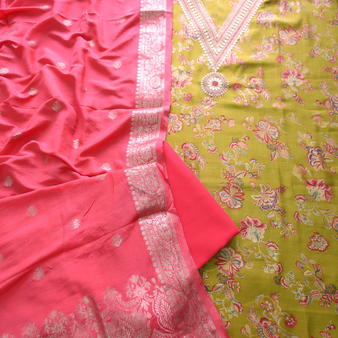 Raahi Mehendi Green V Neck and Embellish with Foil Work in Floral Printed Modal Set