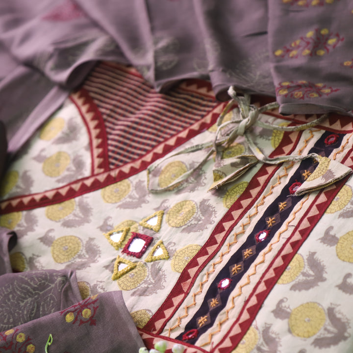Shakuntala Ivory Beige Angrakha Neck Kutch Patch Work Cotton Suit Set D2