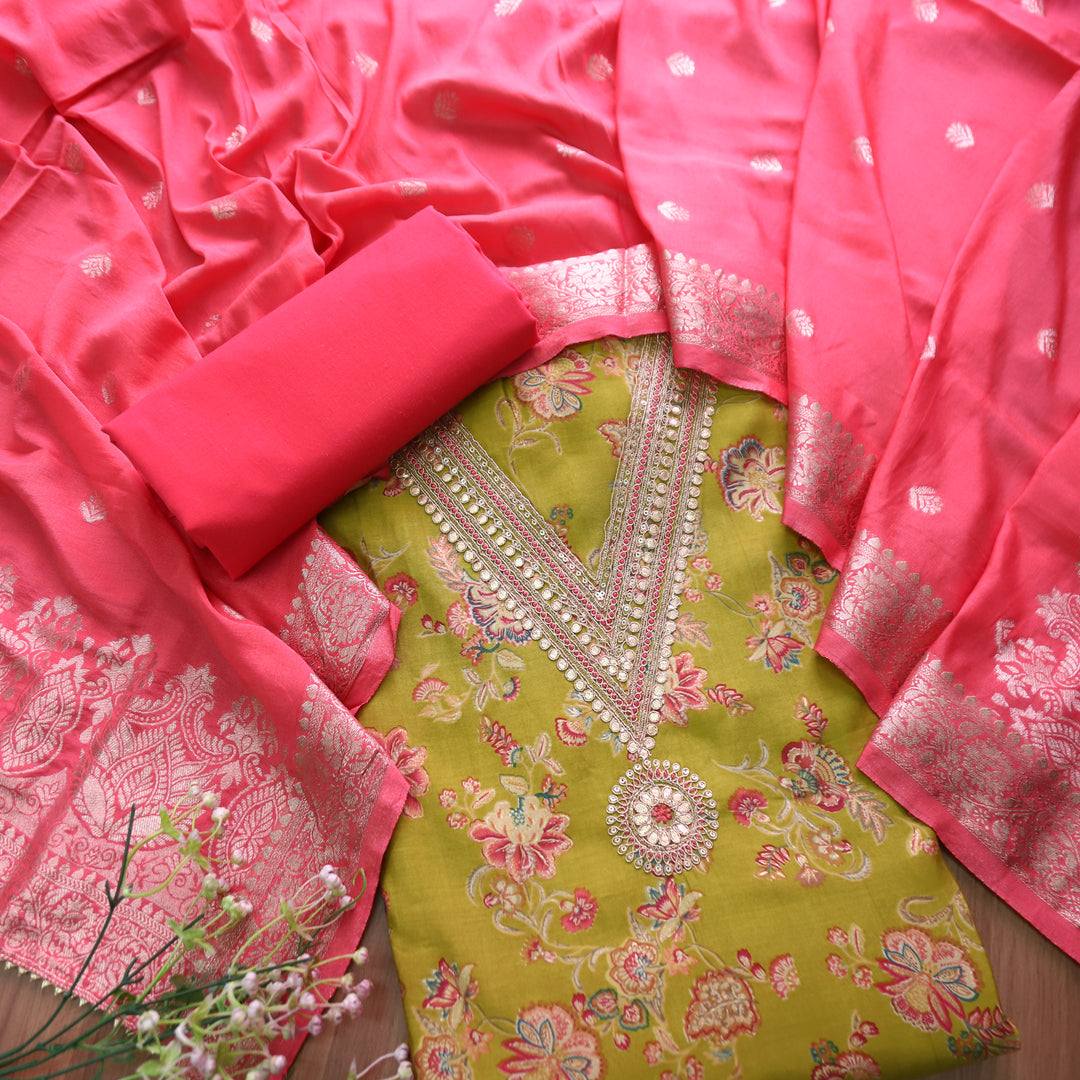 Raahi Mehendi Green V Neck and Embellish with Foil Work in Floral Printed Modal Set