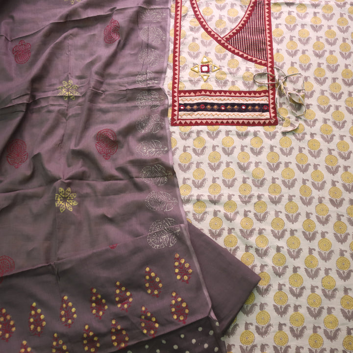 Shakuntala Ivory Beige Angrakha Neck Kutch Patch Work Cotton Suit Set D2