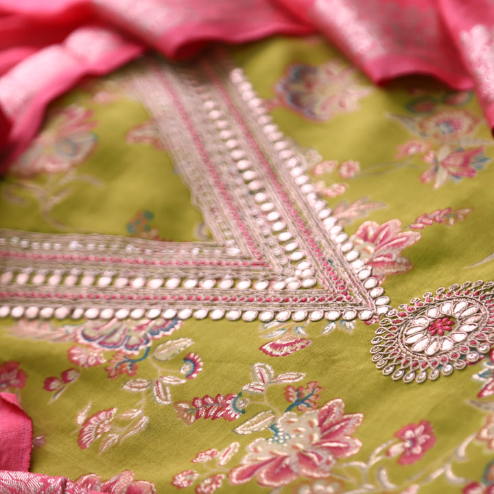 Raahi Mehendi Green V Neck and Embellish with Foil Work in Floral Printed Modal Set