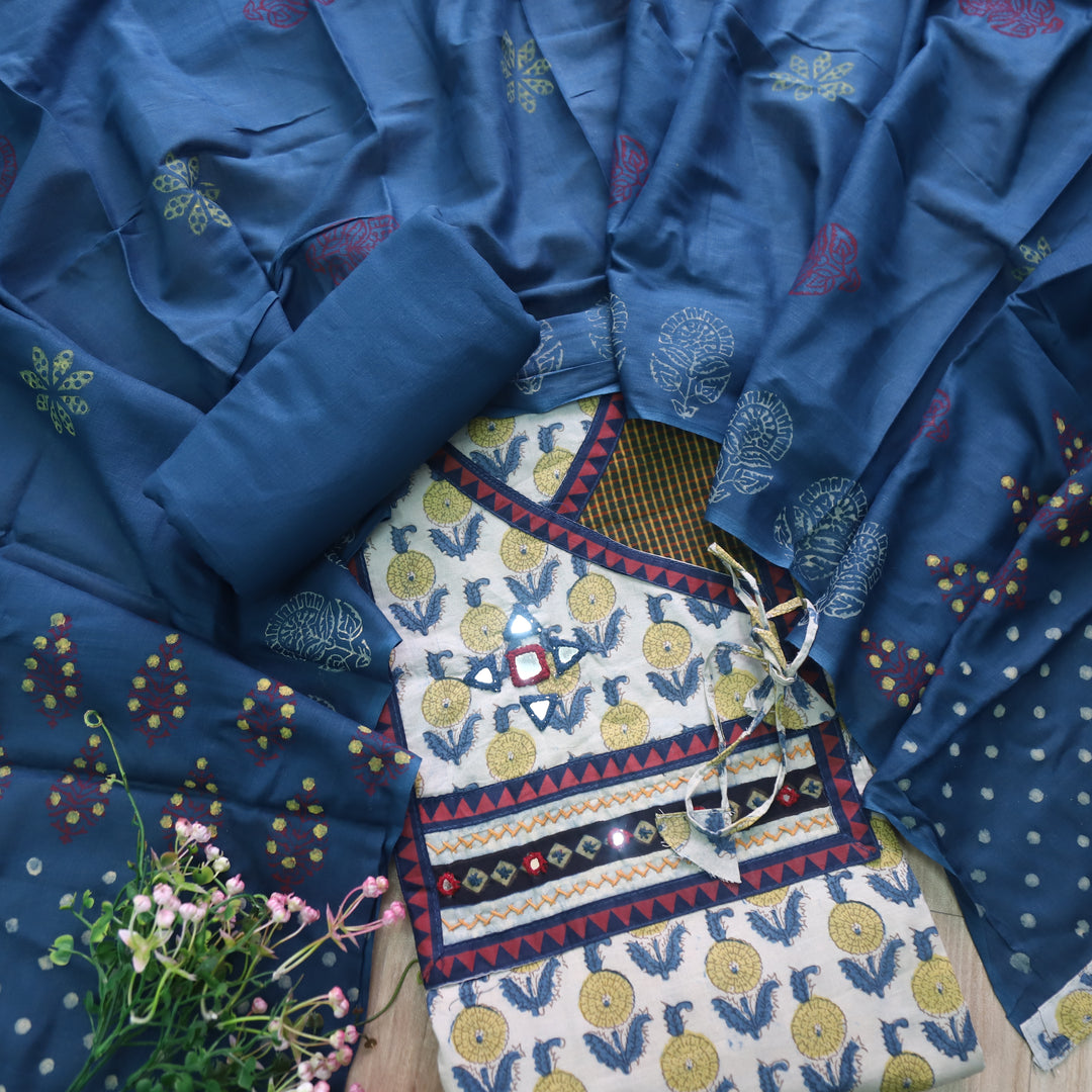 Shakuntala Sand White Angrakha Neck Kutch Patch Work Cotton Suit Set D1