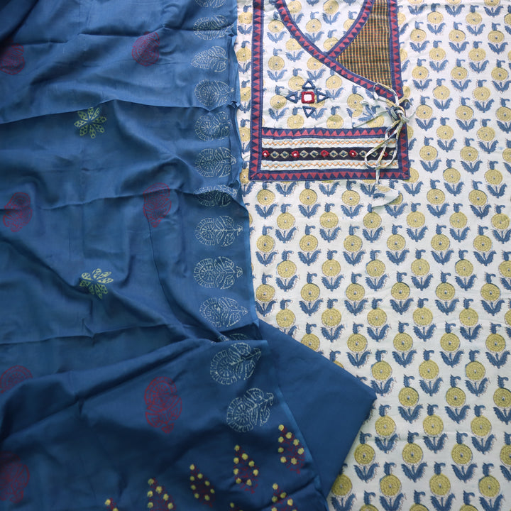 Shakuntala Sand White Angrakha Neck Kutch Patch Work Cotton Suit Set D1