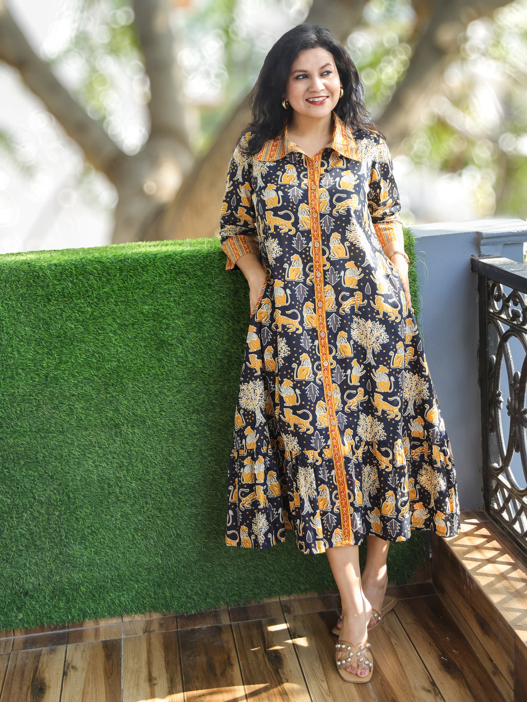 Vacay Series Navy Blue Button Down Printed Cotton Dress
