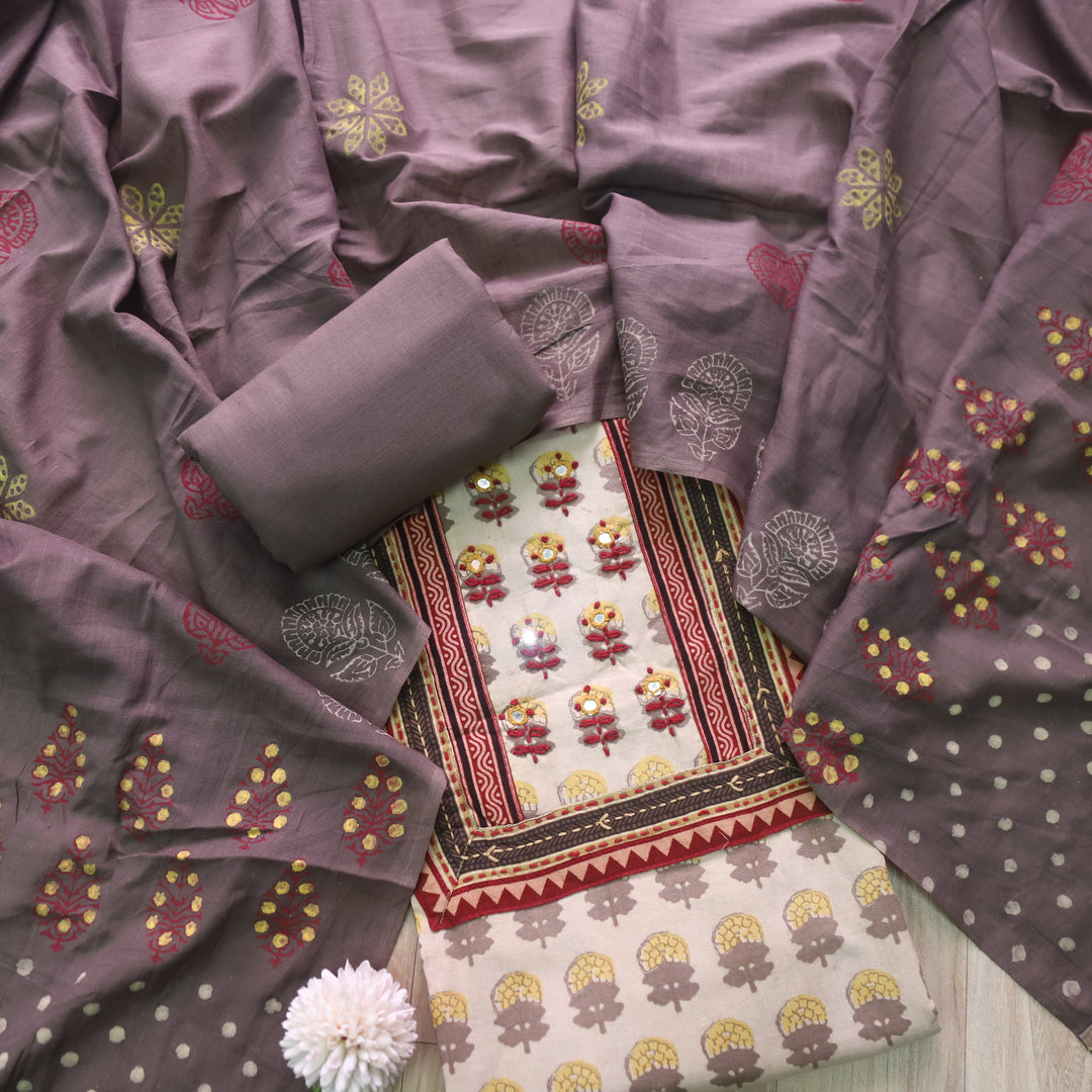 Shakuntala Ivory Beige Kutch Patch Neck Work Cotton Suit Set D2