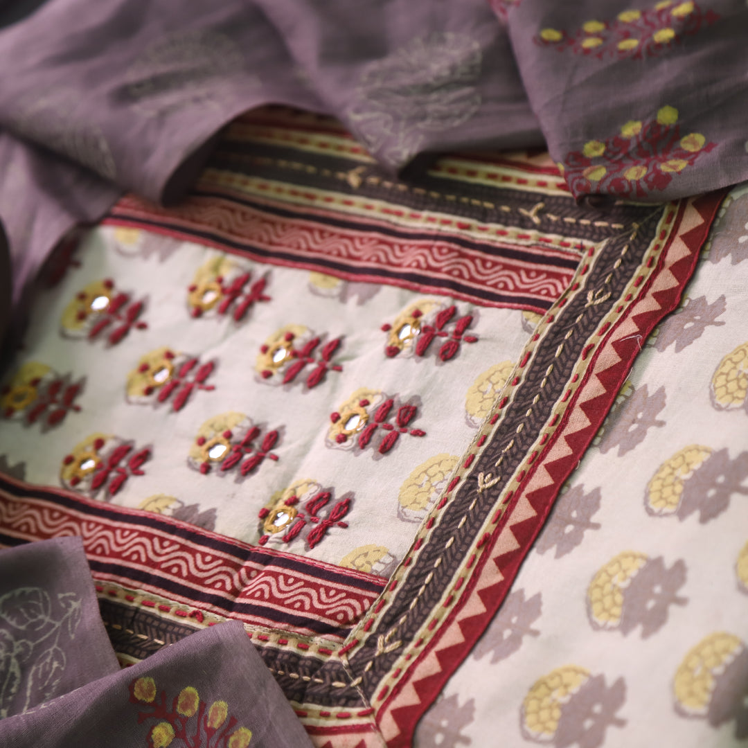 Shakuntala Ivory Beige Kutch Patch Neck Work Cotton Suit Set D2