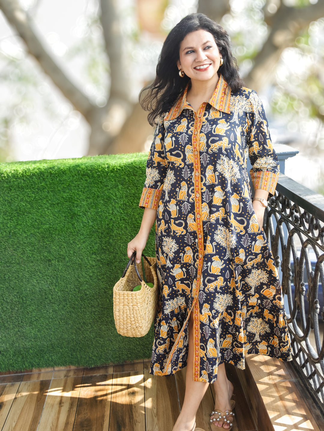 Vacay Series Navy Blue Button Down Printed Cotton Dress