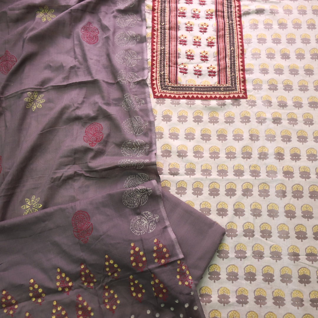 Shakuntala Ivory Beige Kutch Patch Neck Work Cotton Suit Set D2