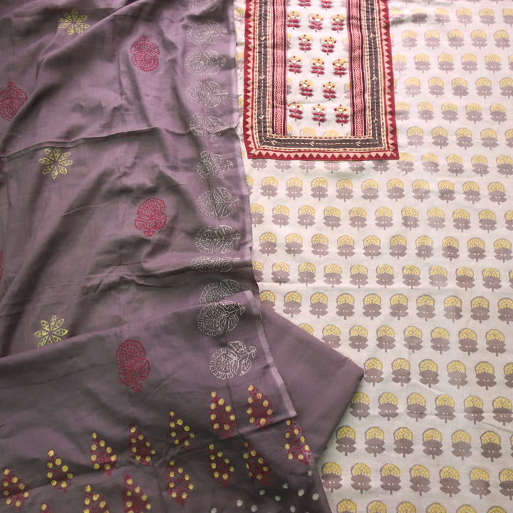 Shakuntala Ivory Beige Kutch Patch Neck Work Cotton Suit Set D2