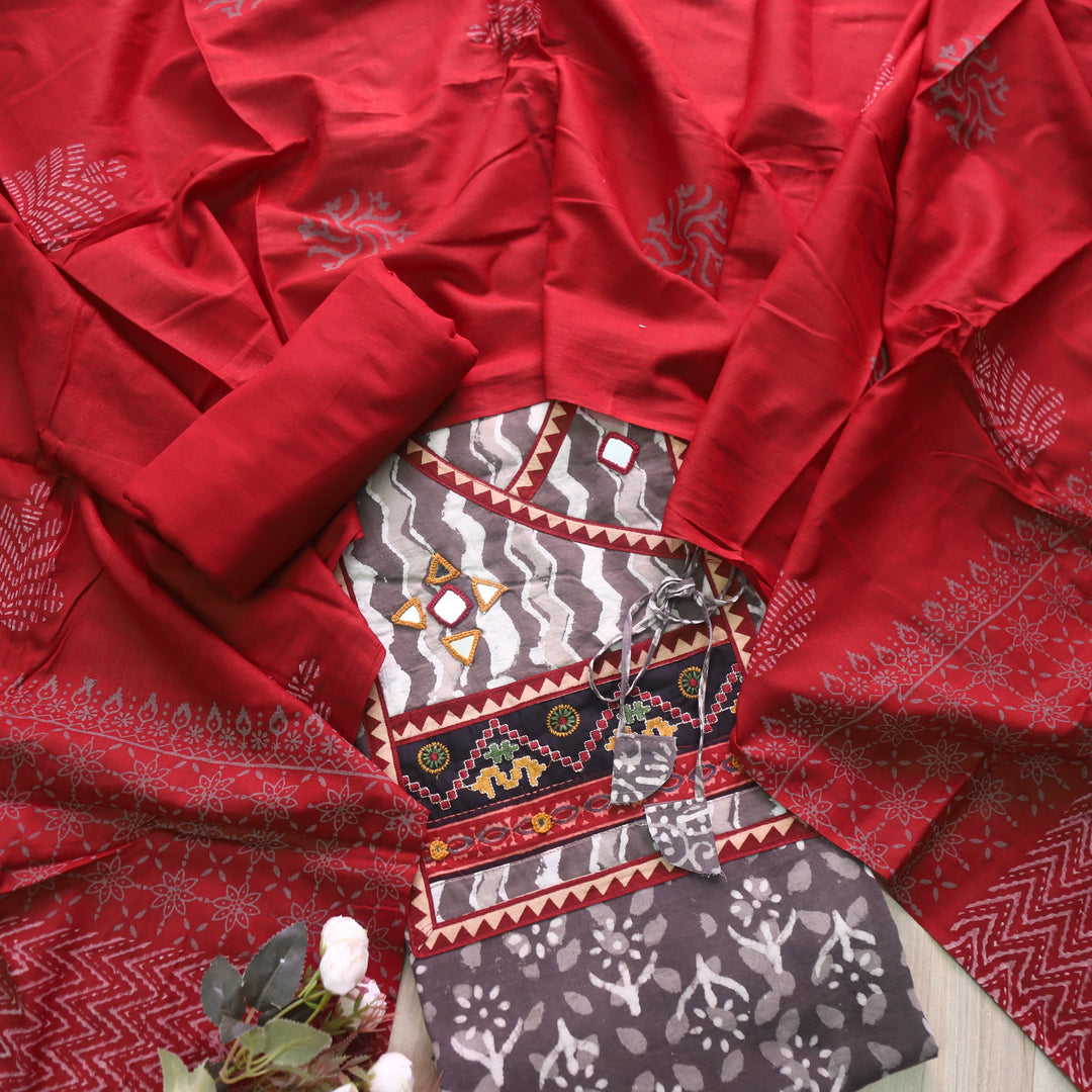 Khairiyat Tan Beige Angrakha Kutch Neck Work Cotton Suit Set D3