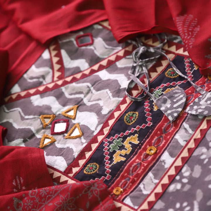 Khairiyat Tan Beige Angrakha Kutch Neck Work Cotton Suit Set D3