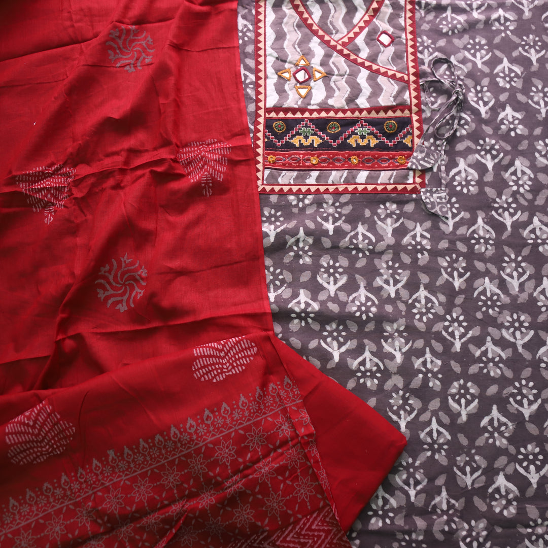 Khairiyat Tan Beige Angrakha Kutch Neck Work Cotton Suit Set D3