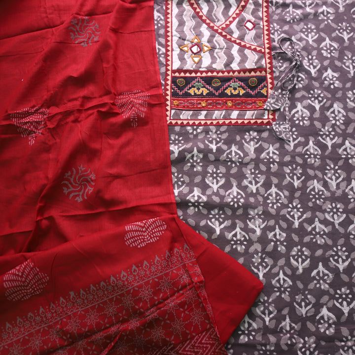 Khairiyat Tan Beige Angrakha Kutch Neck Work Cotton Suit Set D3