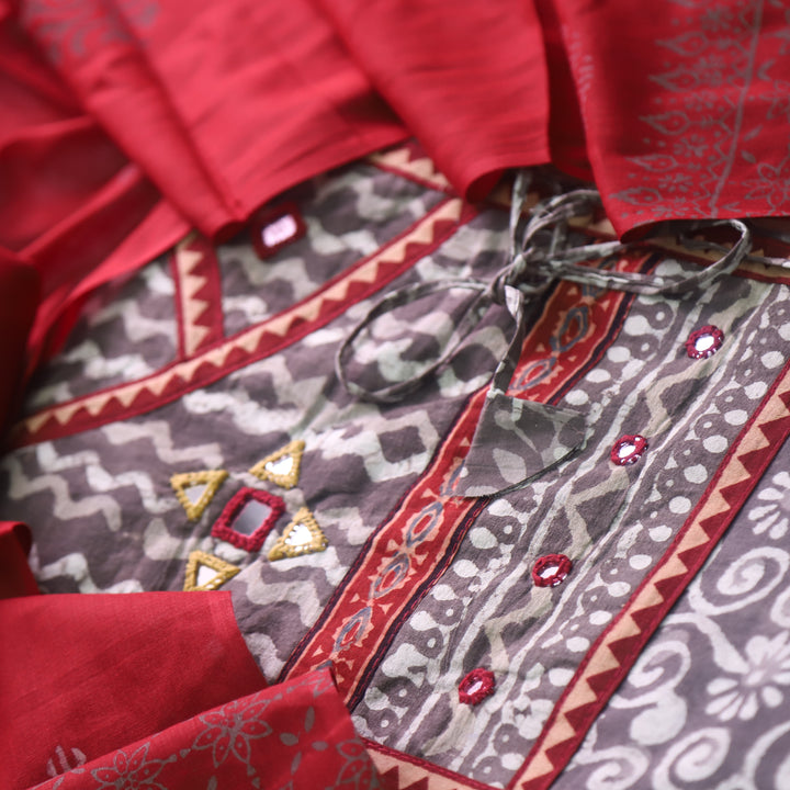 Khairiyat Tan Beige Angrakha Kutch Neck Work Cotton Suit Set D4