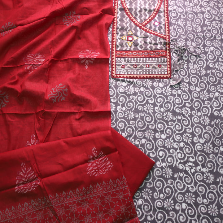 Khairiyat Tan Beige Angrakha Kutch Neck Work Cotton Suit Set D4