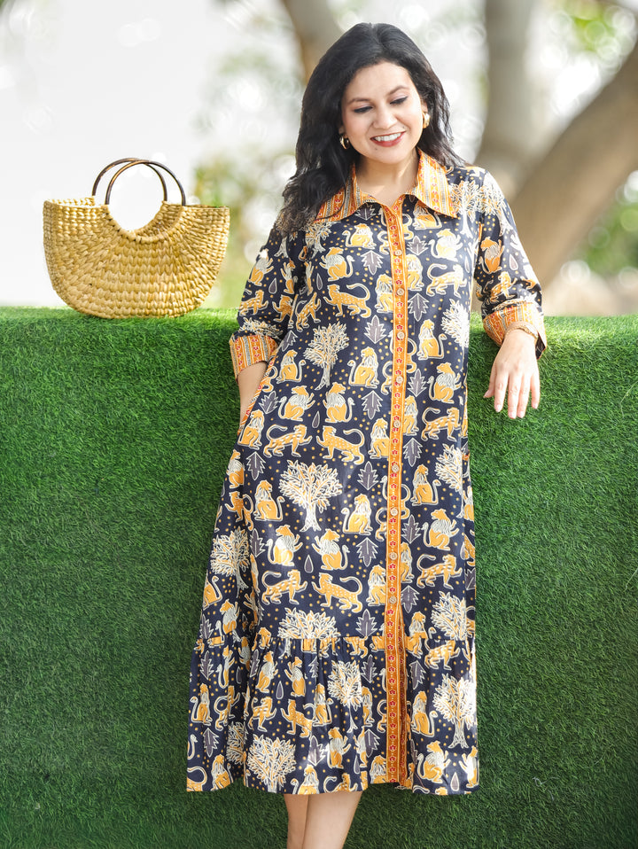 Vacay Series Navy Blue Button Down Printed Cotton Dress
