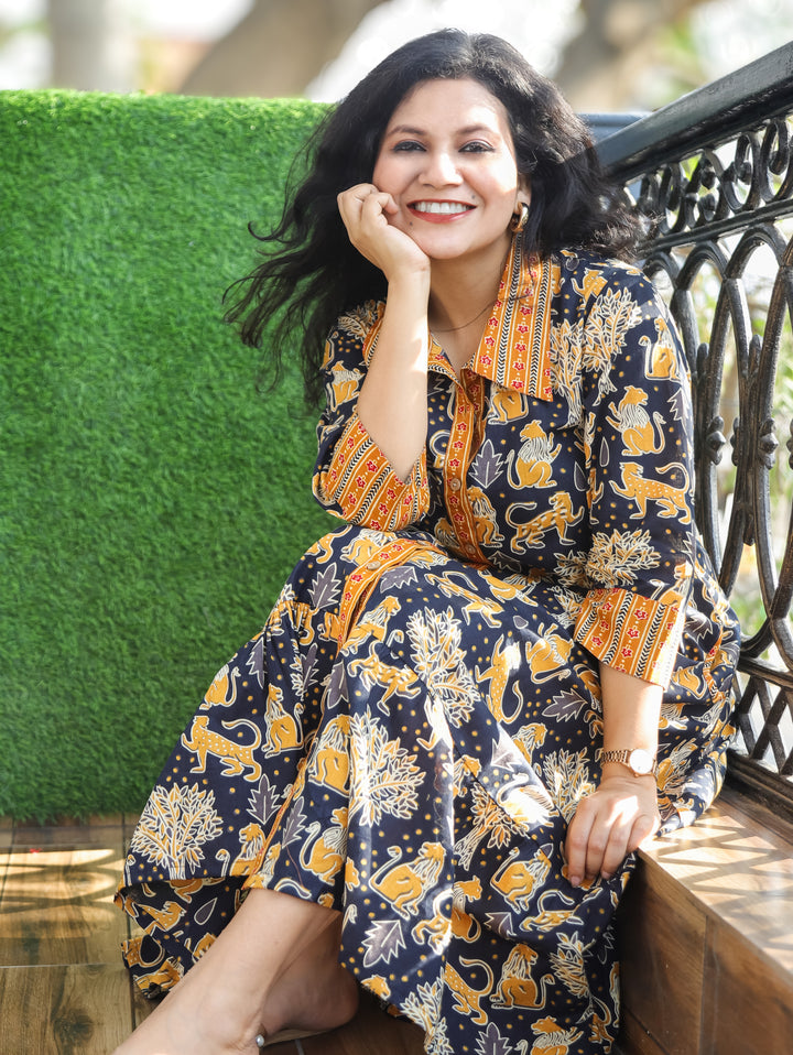 Vacay Series Navy Blue Button Down Printed Cotton Dress