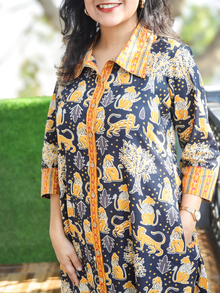 Vacay Series Navy Blue Button Down Printed Cotton Dress
