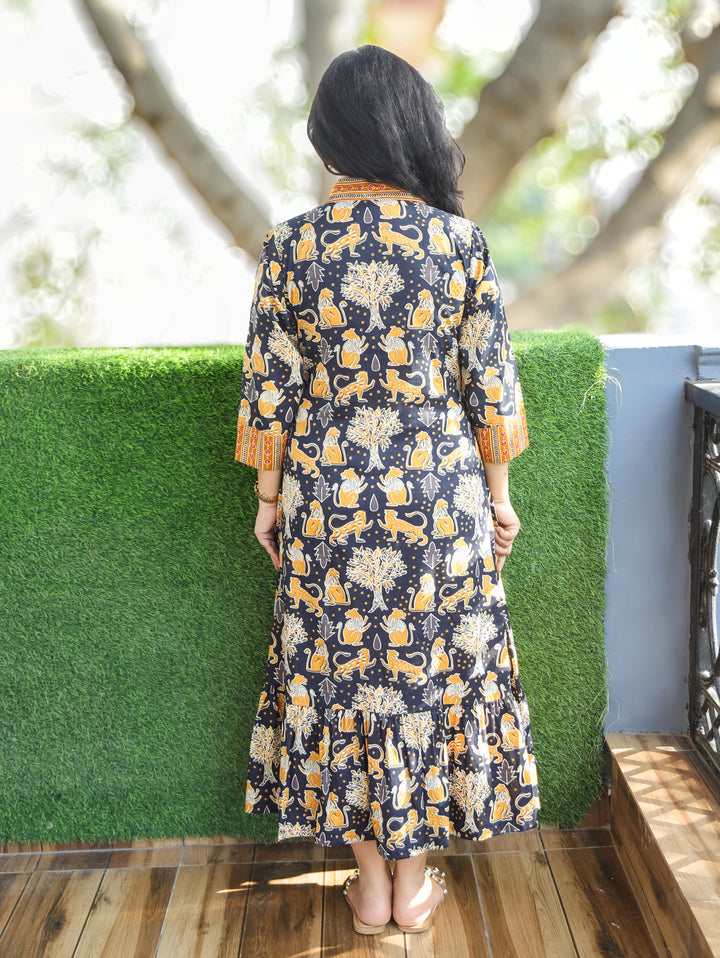 Vacay Series Navy Blue Button Down Printed Cotton Dress