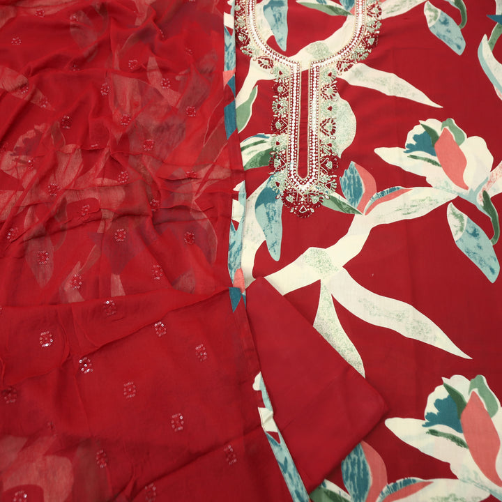 Yashvi Cherry Red Embellished Neck Work Digital Printed Cotton Suit Set